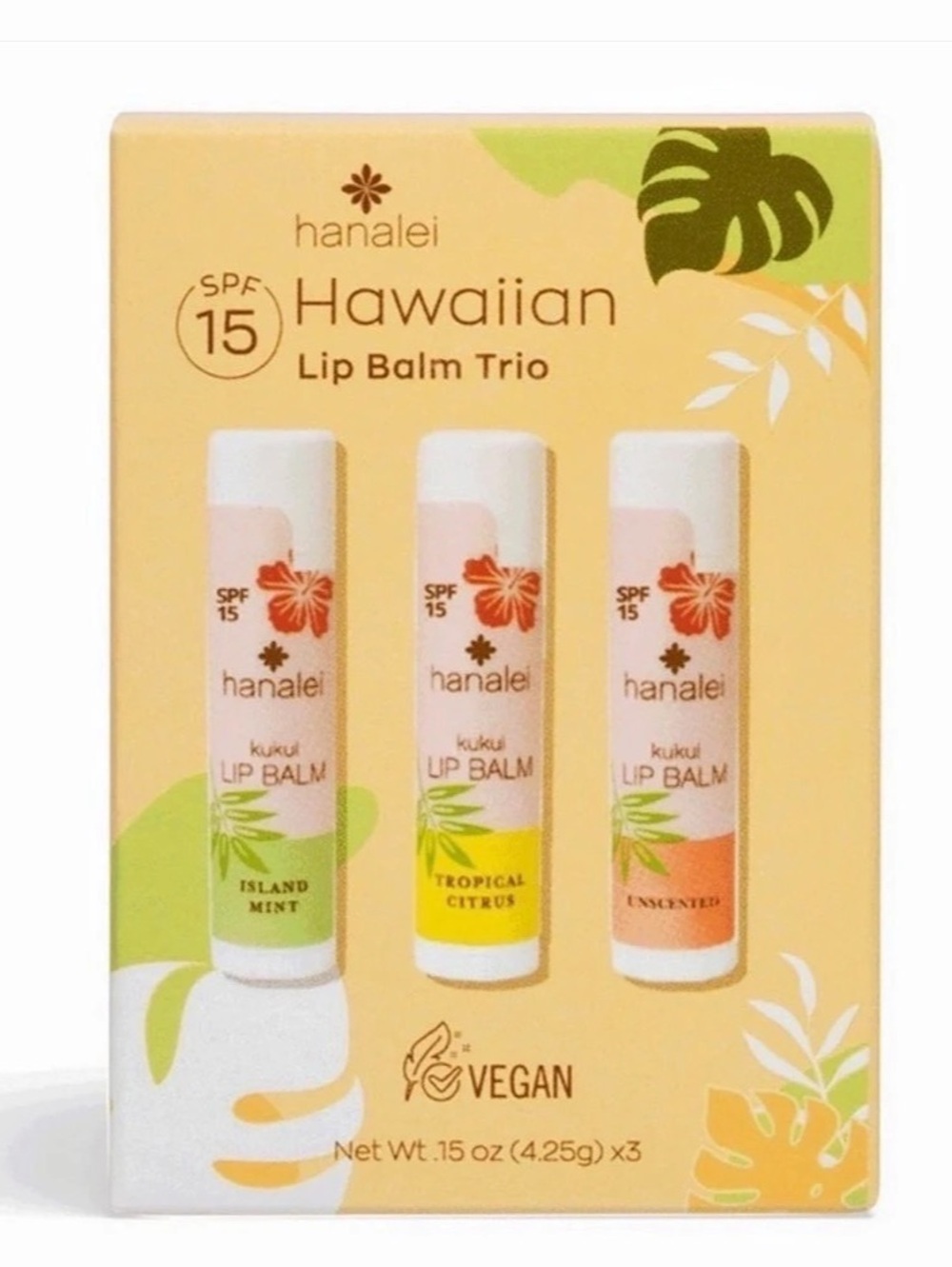 Nib new Hanalei Hawaiian Lip Balm Trio SPF 15 Vegan Lip Balm Trio NWT